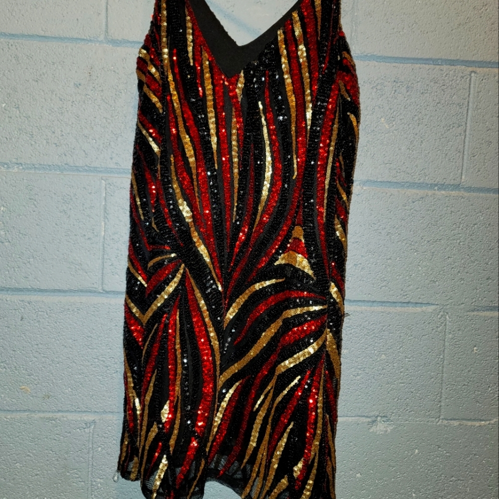 Sequin V-Neck Dress in Red, Black, and Gold